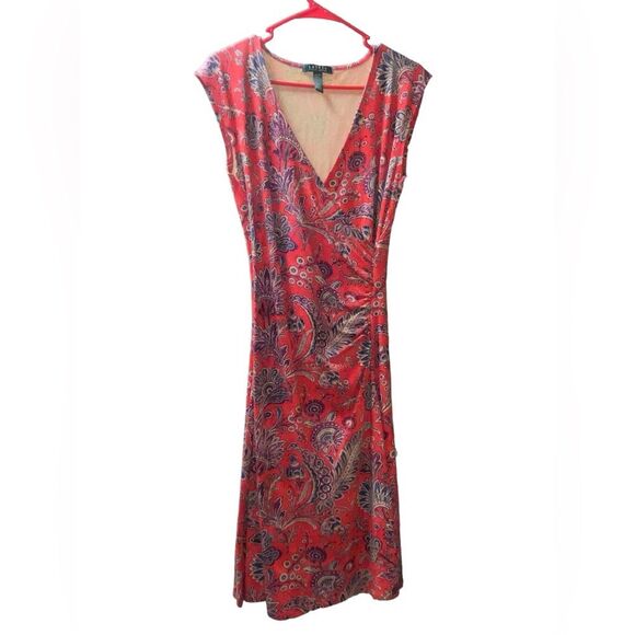 Lauren By Ralph Lauren Faux Wrap Midi Dress Sz XS Red Boho Floral V-Neck - Picture 1 of 1